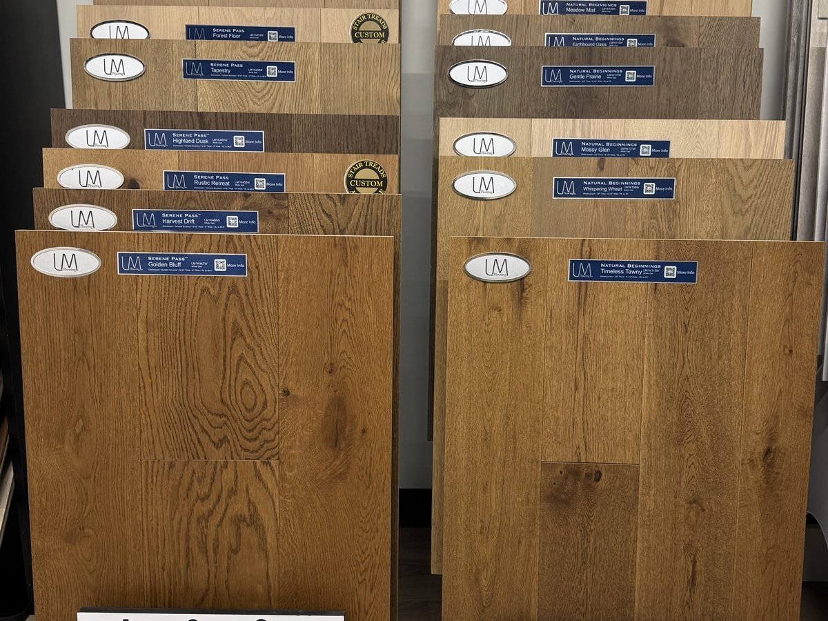 Oak hardwood planks on a display rack in the Breaux Bridge showroom