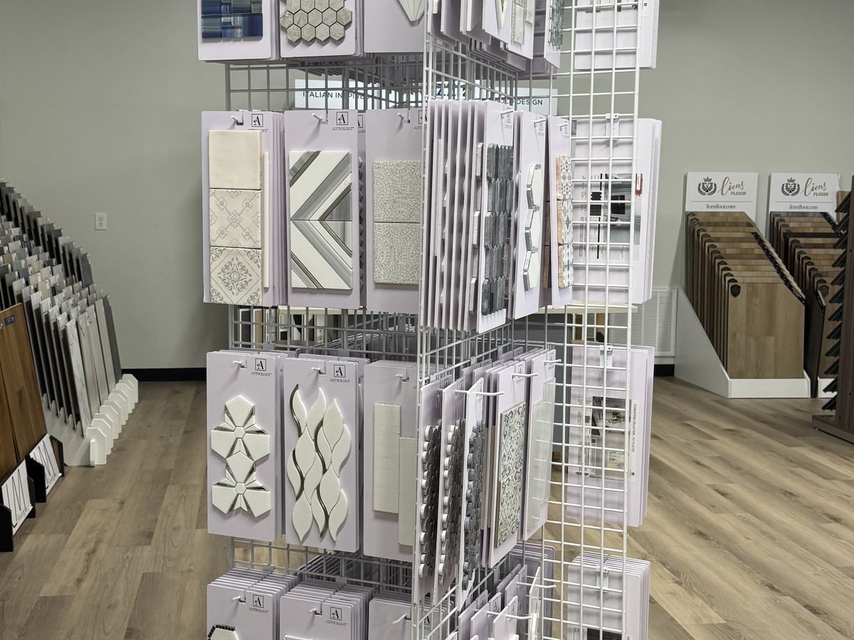 Natural stone mosaic tile sheets on display at Luxe Flooring & Stone