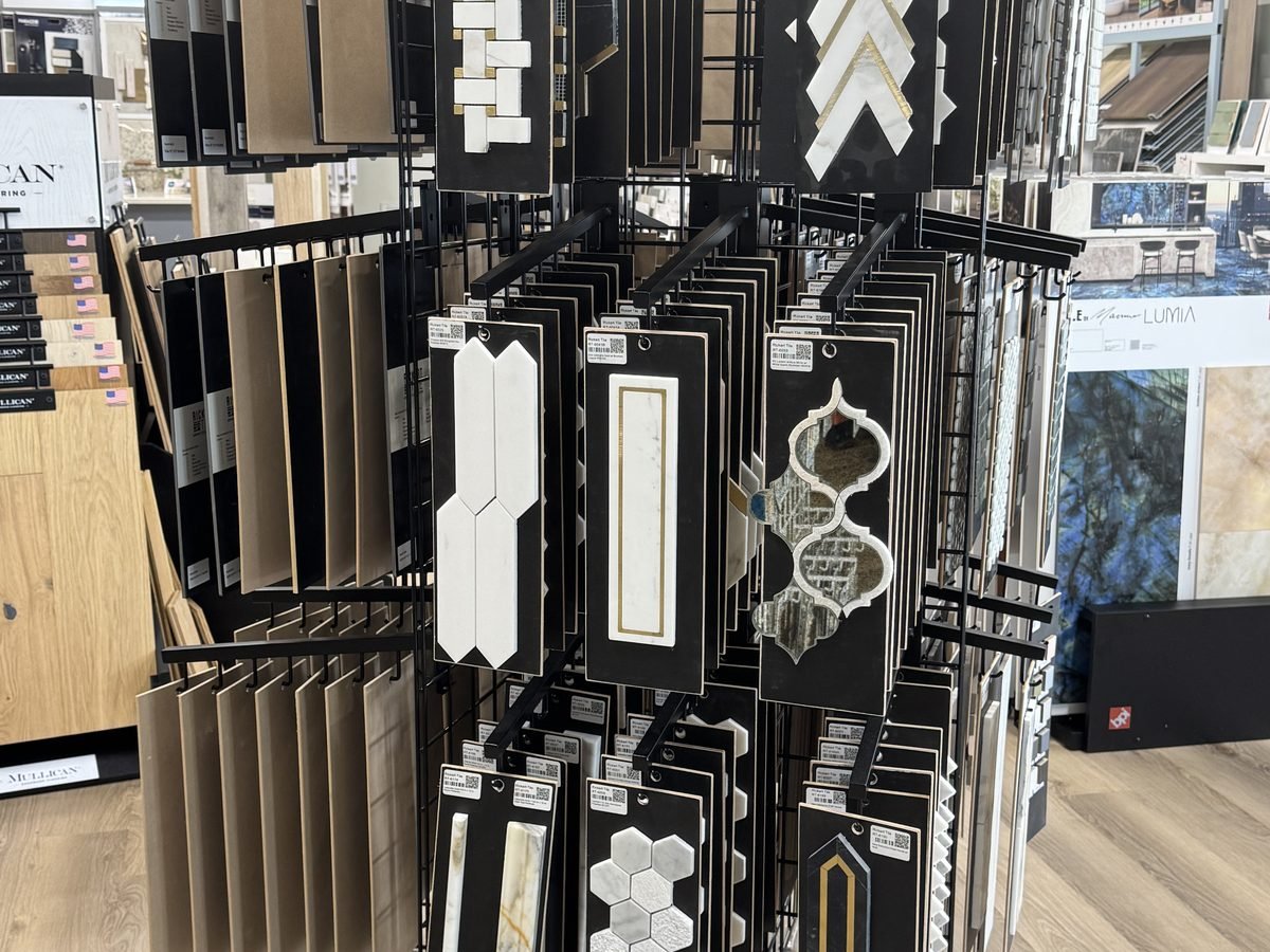 Glass and stone mosaic accent tile in the Breaux Bridge showroom
