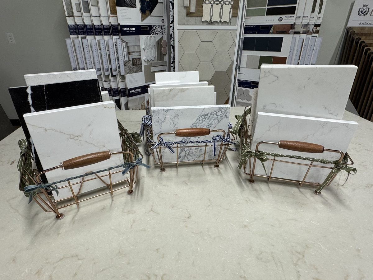 Engineered quartz countertop samples in the Breaux Bridge showroom