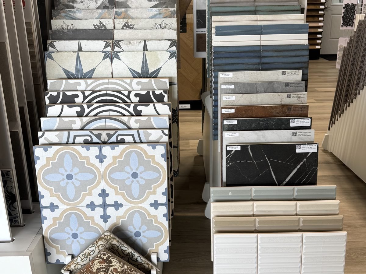 Porcelain tile flooring samples on display at Luxe Flooring & Stone in Breaux Bridge